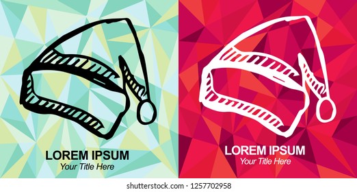 Hand Drawn Vector Illustration of Christmas Santa Hat with Green and Red Polygon Geometric Background