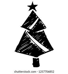 Hand Drawn Vector Illustration of Christmas Holiday Pine Tree Star for Graphic Design. Doodle, Sketch, Ink, Brush for Template, Icon, Logo.