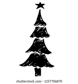 Hand Drawn Vector Illustration of Christmas Holiday Pine Tree Star for Graphic Design. Doodle, Sketch, Ink, Brush for Template, Icon, Logo.