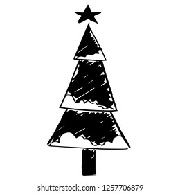 Hand Drawn Vector Illustration of Christmas Holiday Pine Tree Star for Graphic Design. Doodle, Sketch, Ink, Brush for Template, Icon, Logo.