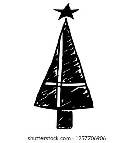 Hand Drawn Vector Illustration of Christmas Holiday Pine Tree Star for Graphic Design. Doodle, Sketch, Ink, Brush for Template, Icon, Logo.