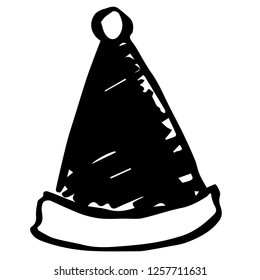 Hand Drawn Vector Illustration of Christmas Holiday Santa Claus Hat for Graphic Design. Doodle, Sketch, Ink, Brush for Template, Icon, Logo.