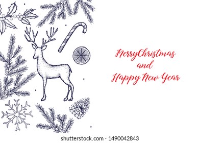 Hand drawn vector illustration Christmas  greeting card or invitation design .Winter design elements . Perfect for posters, prints.
