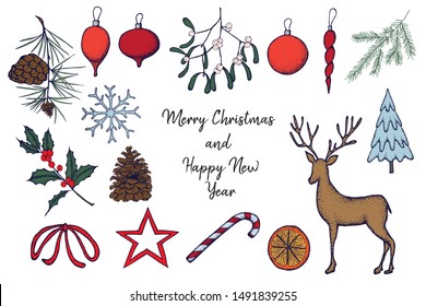 Hand drawn vector illustration Christmas  greeting card or invitation design .Winter design elements . Perfect for posters, prints.