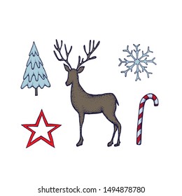 Hand drawn vector  illustration Christmas  greeting card or invitation design .Winter design elements . Perfect for posters, prints. Star ,snowflake , star, moose, christmas tree.