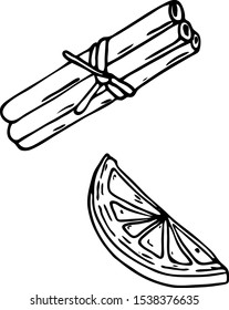 Hand drawn vector illustration. Christmas set of symbols of winter and holiday, cinnamon sticks, lemon slice, a simple image.Black sketch on white background.