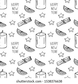 Hand drawn vector illustration. Christmas pattern of symbols of winter and holiday, candle, cinnamon sticks, lemon slice, cookies in the form of stars and text Happy new year, a simple image.