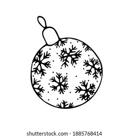 Hand drawn vector illustration with Christmas ball (with snowflakes) in doodle style outline drawing isolated on white background. Vector EPS10