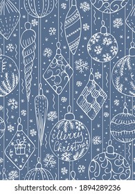 Hand drawn vector illustration with Christmas seamless pattern (with toys, balls, snowflakes). Background for Christmas gift wrapping paper, package, box, gift carton, bag, cards, textile, the pattern