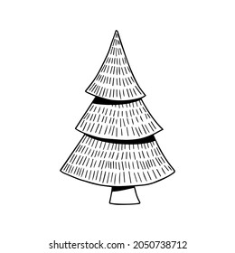 
Hand drawn vector illustration of a Christmas tree. Isolated black and white outline spruce design for logo, icon, banner, sticker.