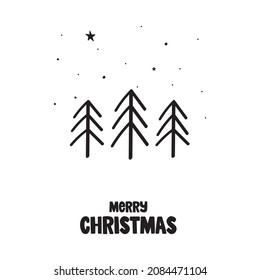 Dibujo manual de ilustraciones vectoriales de árboles de Navidad con caída de nieve en el fondo. Tarjeta de Navidad Doodle.