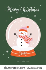 Hand Drawn Vector Illustration With Christmas Snow Globe And Funny Snowman Inside. Handwritten ”Merry Christmas And Happy New Year” Wishes. Ideal For Holiday Greeting Card.