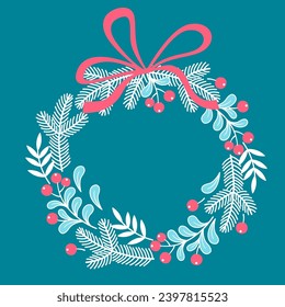 Hand drawn vector illustration of Christmas card. Round stylized mistletoe wreath with red ribbon and copy space for text