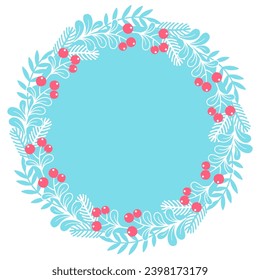 Hand drawn vector illustration. Christmas card with round stylized mistletoe wreath with copy space for text