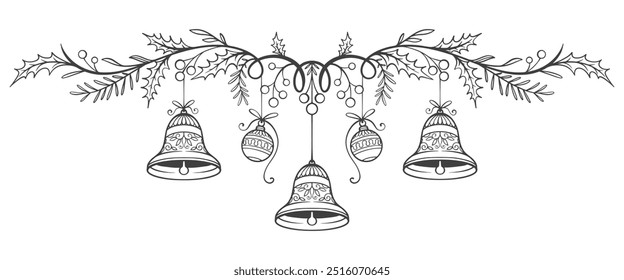 hand drawn vector illustration christmas decoration, christmas tree, christmas bell, christmas ball