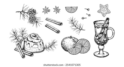 Hand drawn vector illustration of Christmas, winter holiday elements, featuring a glass of mulled wine, cinnamon roll, spices, pine branches, orange slices, star shaped gingerbread for festive design