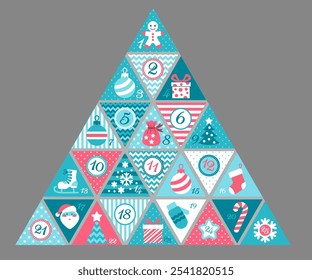 Hand drawn vector illustration. Christmas advent calendar with Winter Holiday Elements in pastel blue, White and red