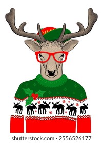 Hand drawn vector illustration of Christmas deer in green sweater on white background. Hipster in glasses and hat	