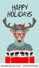 Hand drawn vector illustration of Christmas deer in green sweater on white background. Hipster in glasses and hat	