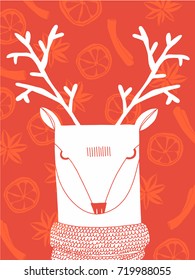 Hand drawn vector illustration of christmas white deer on red background pattern with cinnamon, anise stars and orange rings
