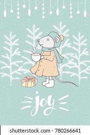 Hand drawn vector illustration. Christmas card with mouse, cup, gift, christmas trees and snow. Joy lettering