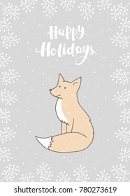 Hand drawn vector illustration. Christmas card with fox, twigs and snow on gray background. Happy Holidays lettering