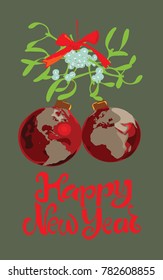 Hand drawn vector illustration of christmas tree glass bolls hanging with map of earth on and mistletoe plant with red ribbon.