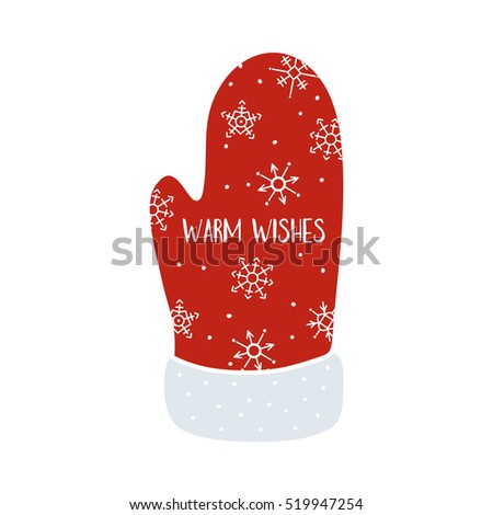 Hand Drawn Vector Illustration of Christmas mitten. "Warm wishes" Card