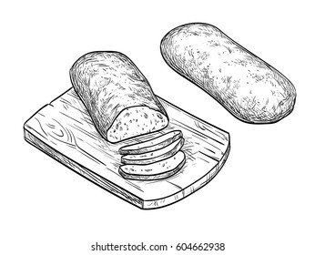 Hand drawn vector illustration of ciabatta bread. Isolated on white background. Vintage style.