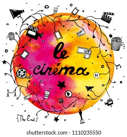 Hand drawn vector illustration with cinema icons of round watercolor colorful background. For posters, banner, card.