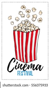 Ilustración vectorial dibujada a mano - Festival del cine. Palomitas de maíz en estilo boceto. Perfecto para invitaciones, tarjetas, carteles, banners, volantes 