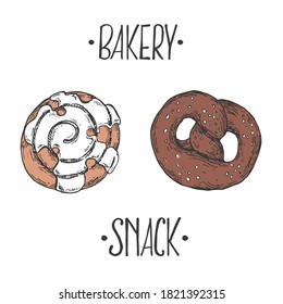 Hand drawn vector illustration of cinnamon roll and pretzel. Bun with lettering. Pastry for fast food menu, cafe decor