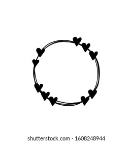 hand drawn Vector illustration of circle heart wreath. Ink drawing, beautiful wedding design element.
