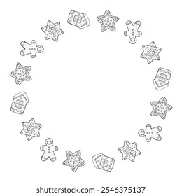 Ilustração vetorial desenhada à mão de um quadro circular feito de biscoitos de Natal festivos, homens de gengibre, estrelas, flocos de neve e casas. Perfeito para cartões de férias, convites e decorações sazonais.