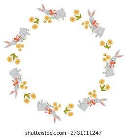 Hand drawn vector illustration of a circular wreath made of cute easter bunny characters holding yellow flowers isolated on white background. The image represents easter celebration, spring holiday