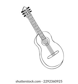 Hand drawn Vector illustration. Classical wooden guitar. String plucked musical instrument. Isolated on white background