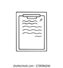Hand drawn vector illustration of clipboard. Isolated on white background. Line sign rest, work at home, comfort, online education, stay home, business, interior, schooling.