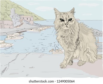 Hand drawn vector illustration, Close up of a beautiful stray cat on a Greek Island in the Mediterranean, overlooking a fishing village.