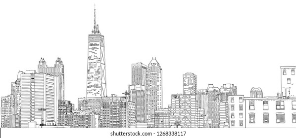 Hand drawn vector illustration. Close up of skyscrapers and buildings in the famous Chicago skyline. Detailed ink look.