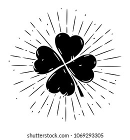 Hand drawn vector illustration with clover leaf and divergent rays. Used for poster, banner, web, t-shirt print, bag print, badges, flyer, logo design and more. 