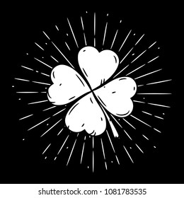 Hand drawn vector illustration with clover leaf and divergent rays. Used for poster, banner, web, t-shirt print, bag print, badges, flyer, logo design and more. 