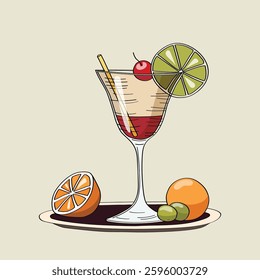 Hand drawn vector illustration of a cocktail with olives and citrus garnish