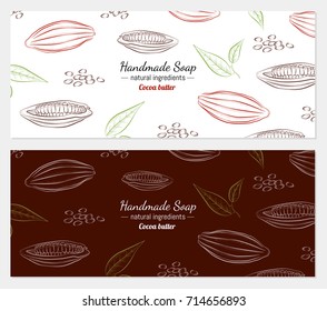 Hand drawn vector illustration of cocoa on white and color background for handmade soap wrapper. Organic natural healthy product. Great for banner, poster, label, package, wrapper