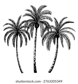 Hand drawn vector illustration of coconut palm trees isolated on white background ink sketch in vintage style tropical design
