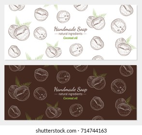 Hand drawn vector illustration of coconut on white and color background for handmade soap wrapper. Organic natural healthy product. Great for banner, poster, label, package, wrapper
