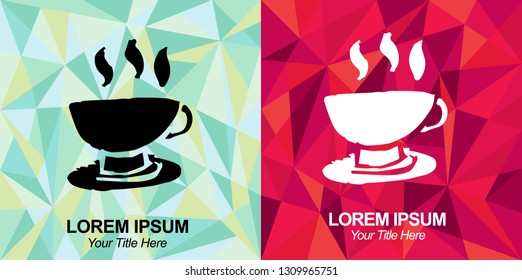 Hand Drawn Vector Illustration of Coffee Drink with Green and Red Polygon Geometric Background