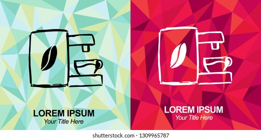 Hand Drawn Vector Illustration of Coffee Drink with Green and Red Polygon Geometric Background