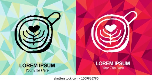 Hand Drawn Vector Illustration of Coffee Drink with Green and Red Polygon Geometric Background