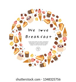 Hand drawn vector illustration of coffee, sweets and pastry