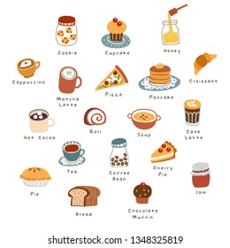 Hand drawn vector illustration of coffee, sweets and pastry